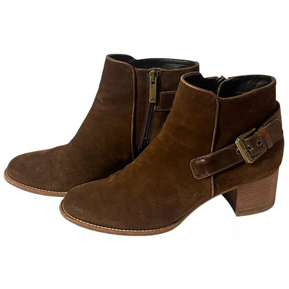 Aquatalia 'Tracy' Suede Ankle Boots Waterproof •9• Leather Buckle Brown Worn 1x - Picture 3 of 14
